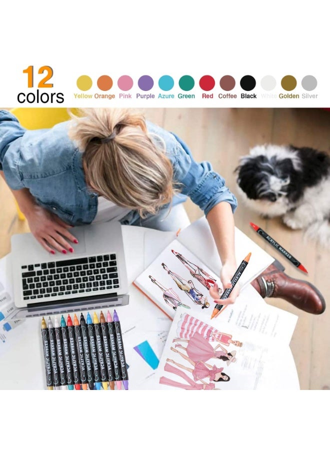 Peachjoy Acrylic Markers, 12 Colors Dual Tip Acrylic Paint Pens Markers, Pens Paint Markers for Wood, Rock Painting, Glass, DIY Crafts, Canvas, Stone - Image 5